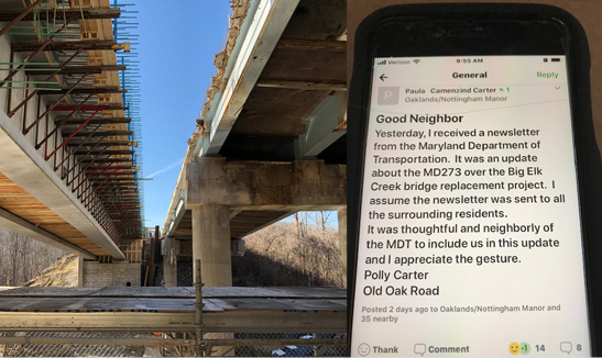 Construction on MD 273 over Big Elk Creek affects drivers in three states, so MDOT SHA staff provided Delaware and Pennsylvania residents with well-received updates.