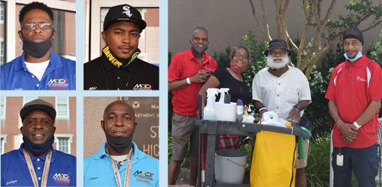 Frontline workers fight COVID at 707 every day. Maintenance staff include (top row) Victor Henson, Michael Burnside, (bottom row) Lorenzo Johnson and Omar Greene. Housekeeping staff include (L-R) Kevin Brown, Denise Dillard, the much beloved Mr. Wayne Poston, and George Chisholm.