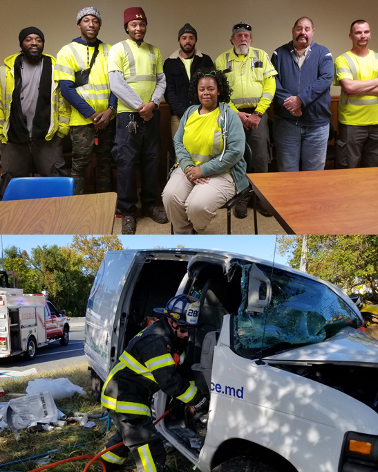 Quick thinking Golden Ring Shop team members came to the assistance of a driver trapped in a burning van before local emergency services arrived. Pictured at top are (left to right) Carroll Williams, Troy Dixon, Don Carter Jr., Marco Scurti, Rick DeMarr, Wayne Smith, and Nikos Routzounis. Seated: Christine Gilmore.